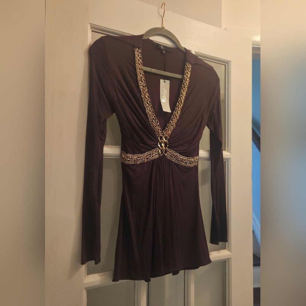 The Famous "SKY" BRAND Long Sleeve Brown Dress with Gold Embellish Details